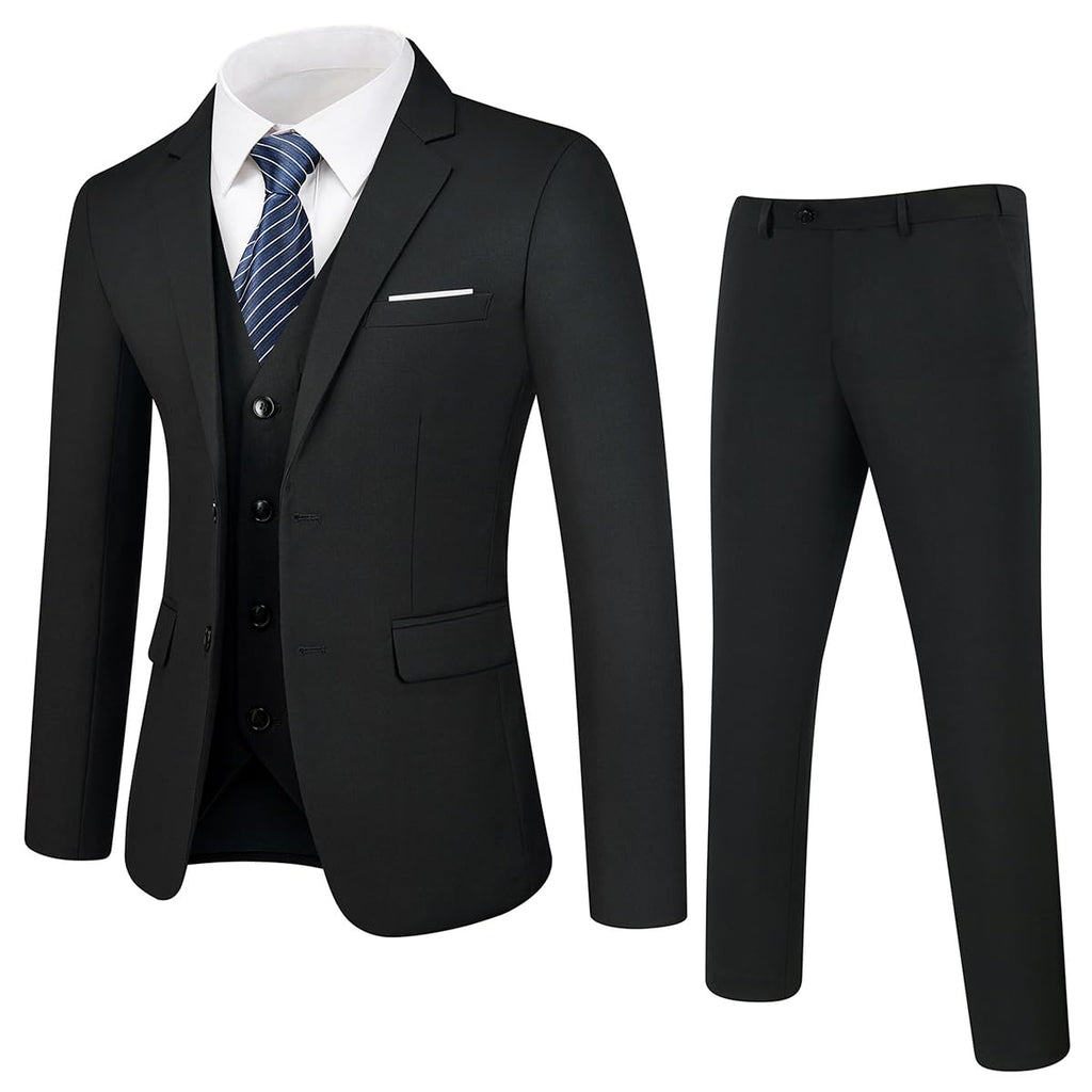Tuxedo for Men 3 Piece Suit Men Slim Fit Mens Tuxedo Suit Set Formal Wedding Suit for Men Two Button Blazer Jacket Vest & Trousers Tux for Casual Black 3XL